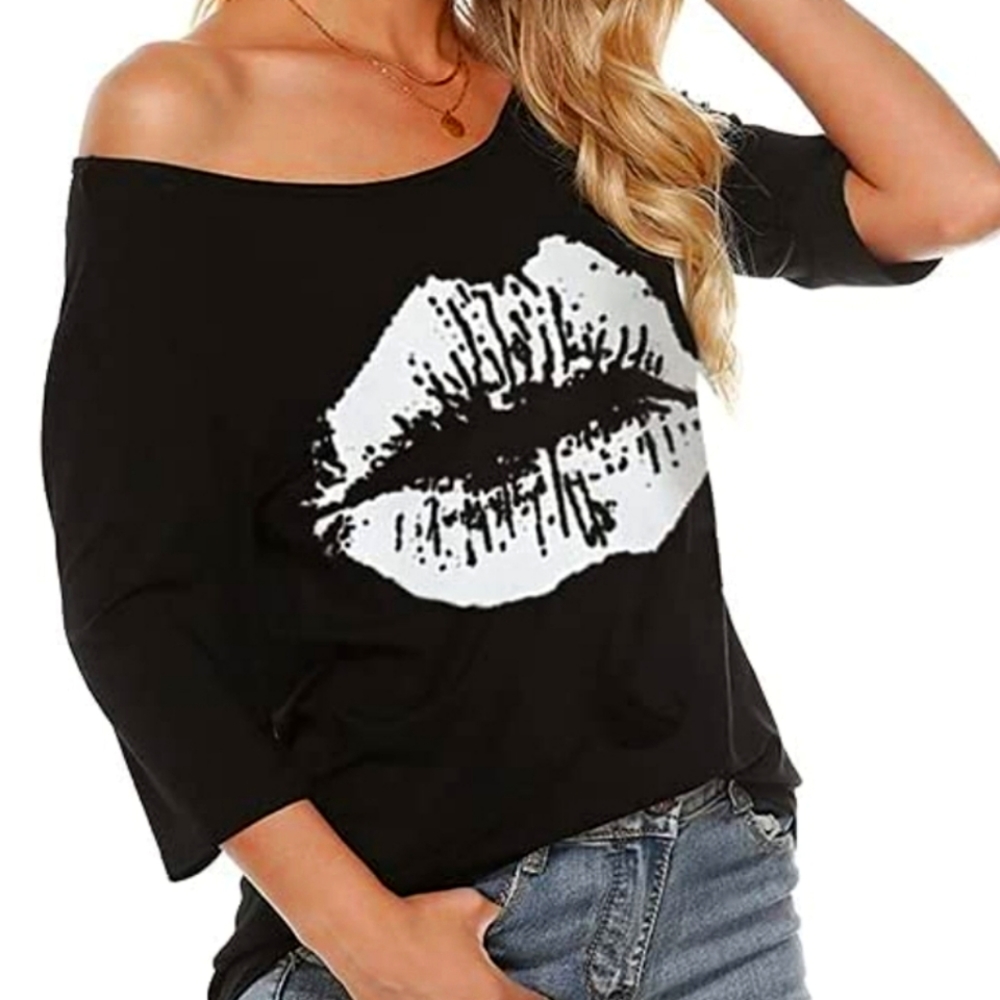 MagicMK Women's XL Lips 3/4 sleeve shirt black and white